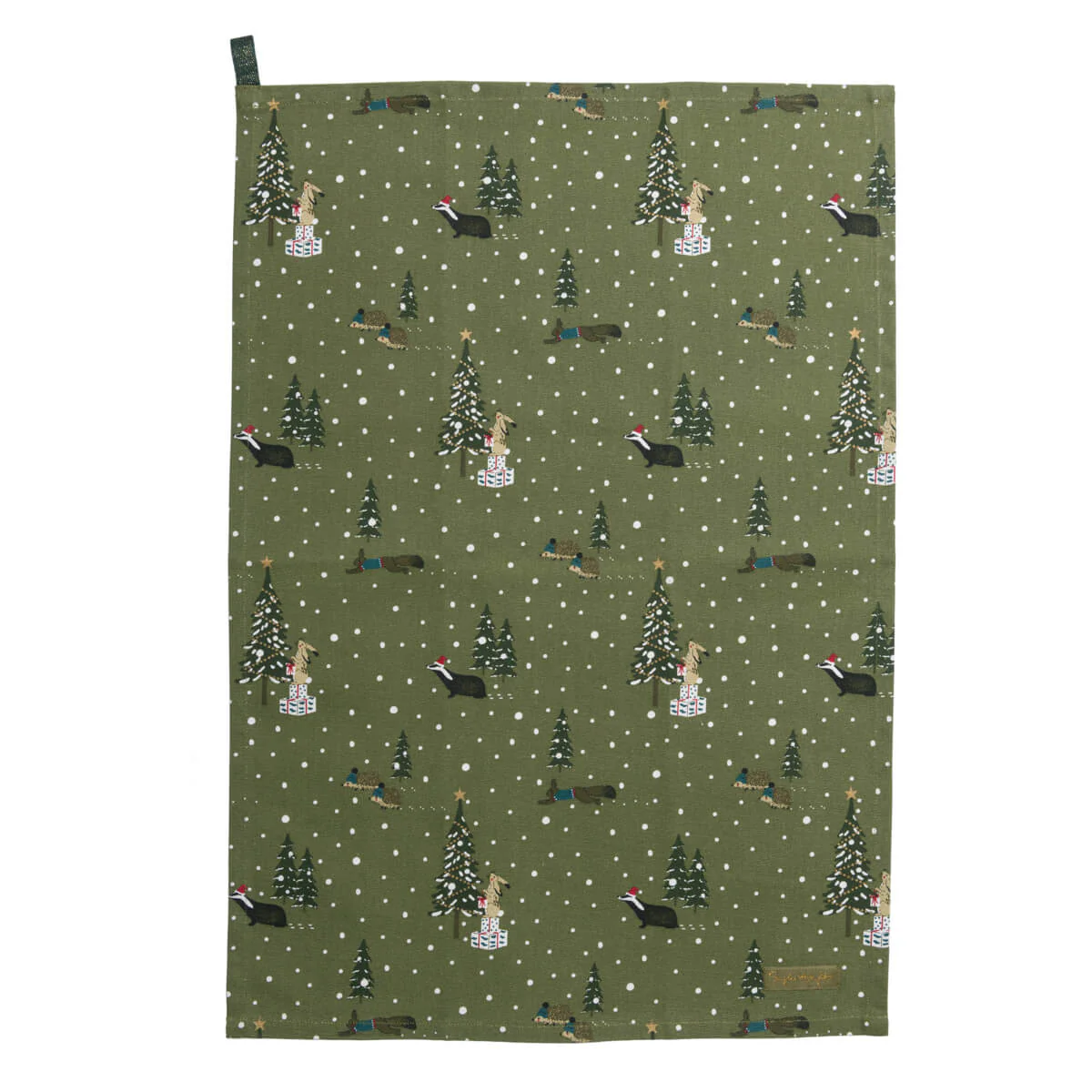 Green tea towel with winter scene pattern featuring trees, animals, and snowflakes.