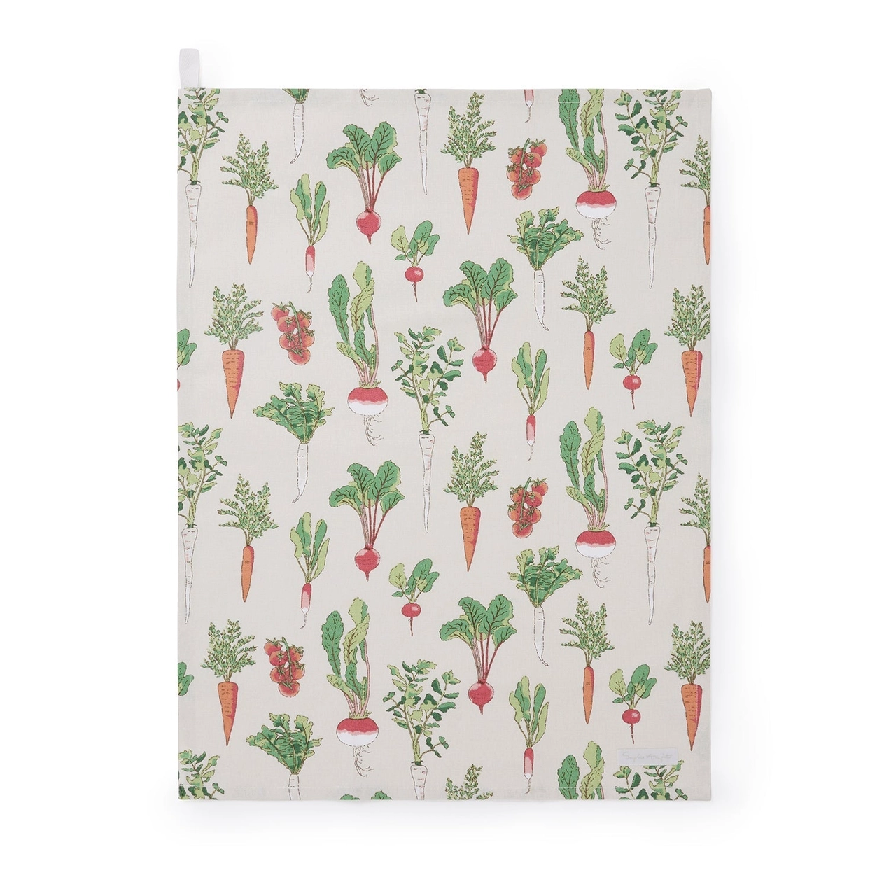 Patterned tea towel with illustrations of vegetables on a white background