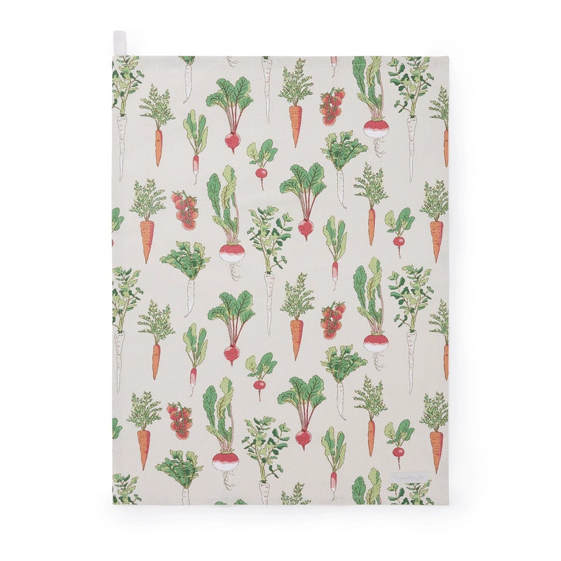 Patterned tea towel with illustrations of vegetables on a white background