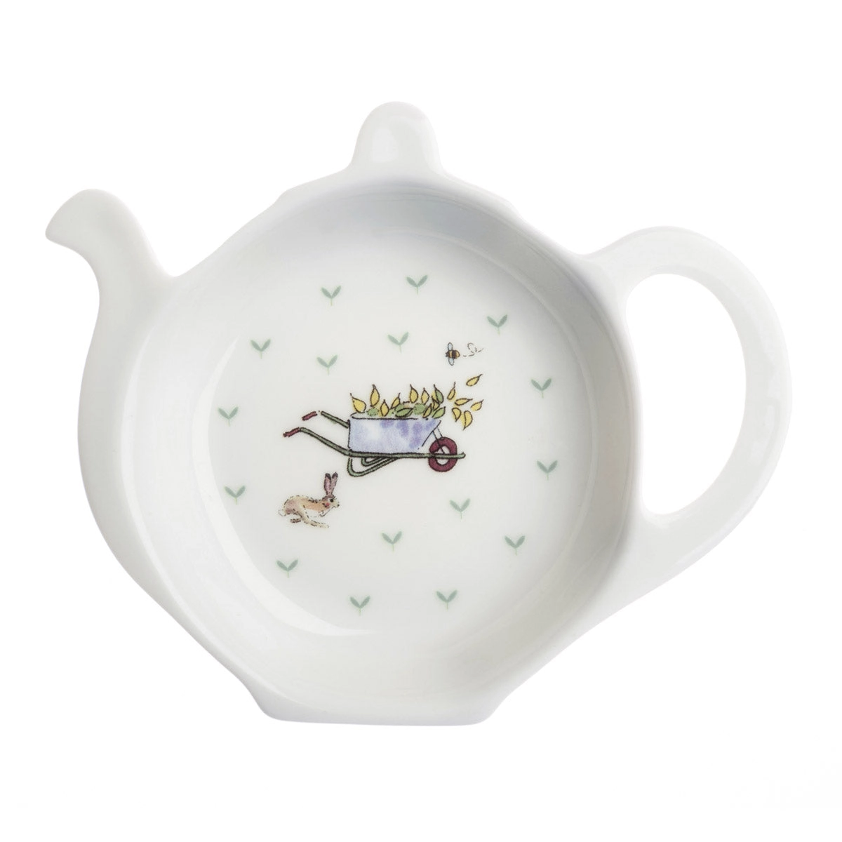 Tea bag tidy featuring a gardener’s wheelbarrow, a bunny, and seedlings