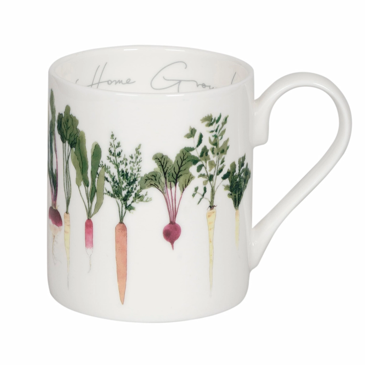 White mug with illustrations of vegetables and 'Home Grown' text on a white background