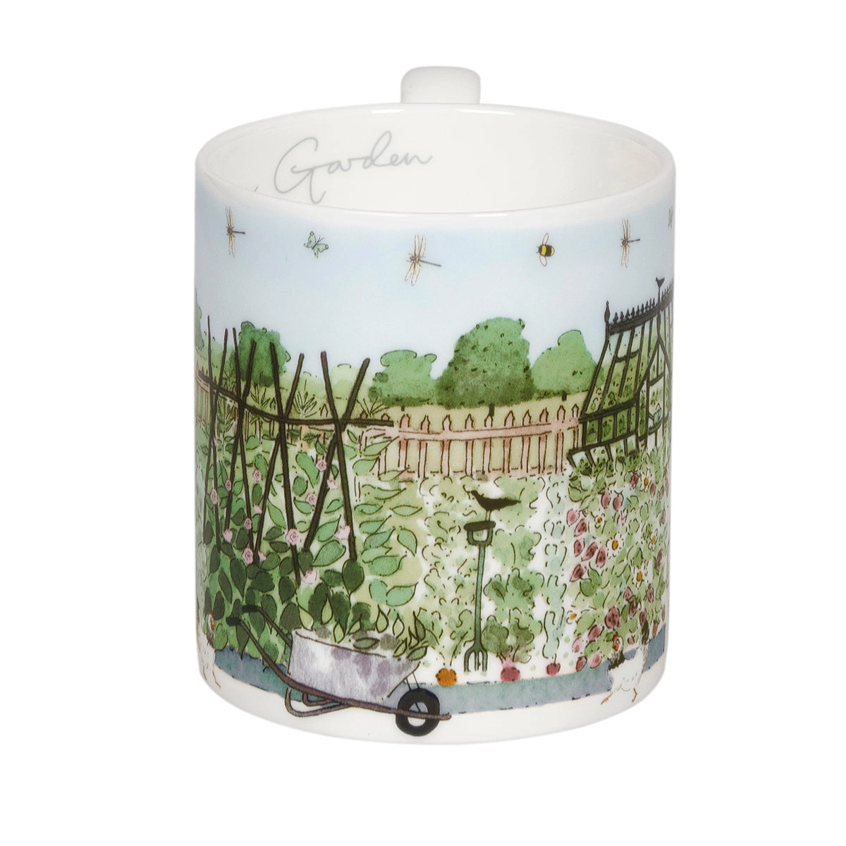 Decorative mug with a garden scene design on a white background