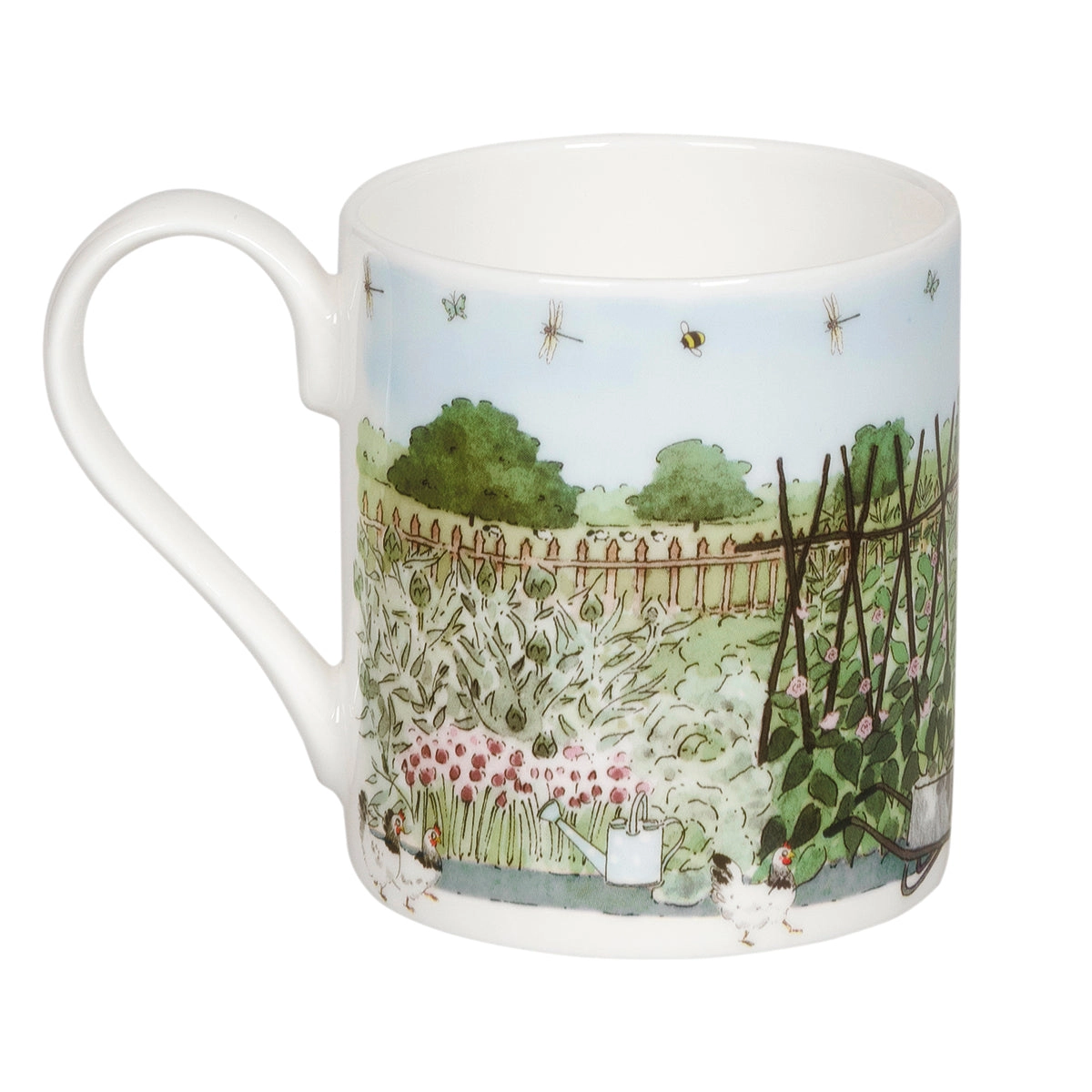 Mug with a garden scene design on a white background