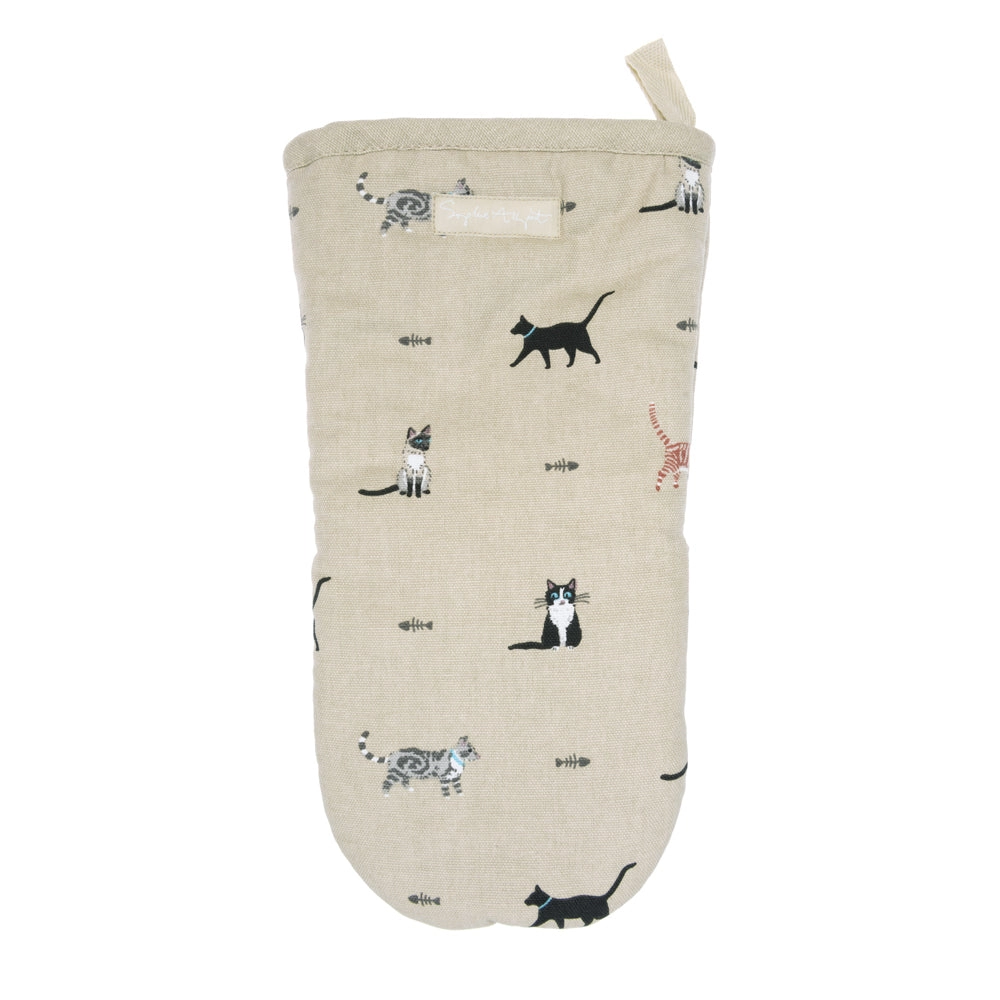 Beige oven mitt with cat pattern on a white background