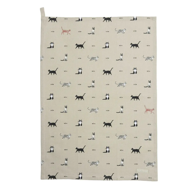 Beige towel with black and white cat pattern on a white background