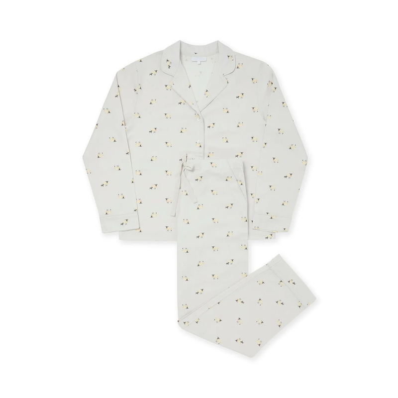 Light grey pajama set with small sheep pattern on a white background