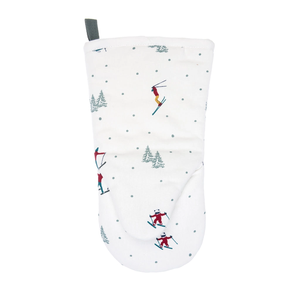 White oven mitt with skiing design on a white background