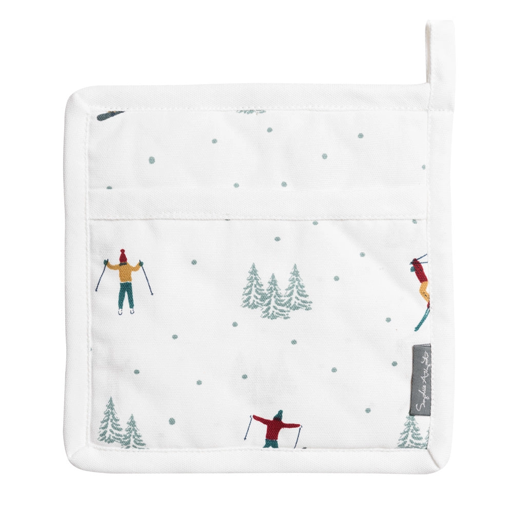 Pot grab with skiing pattern on a white background