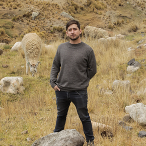 Man standing in a rocky, grassy field with llamas in the background