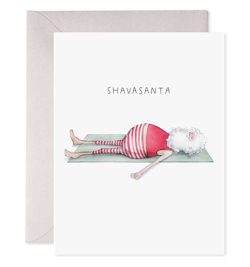 Card with Santa in a yoga pose on a mat, labeled 'Shavasanta', with a white background