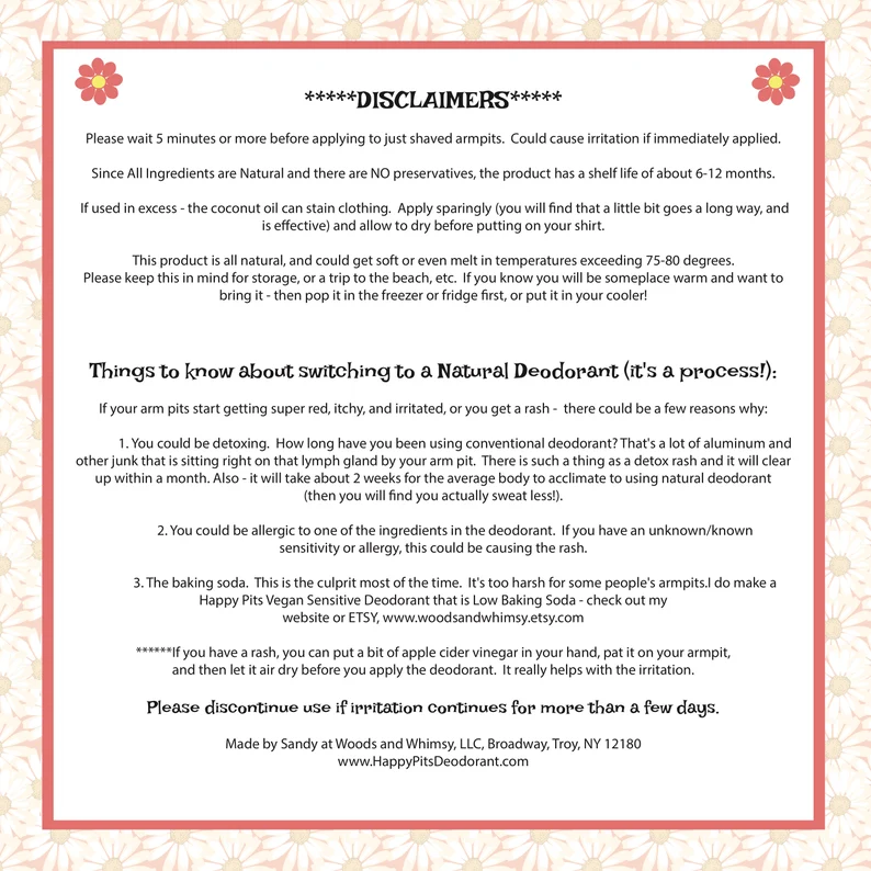 Happy Pits Vegan Deodorant Disclaimer
