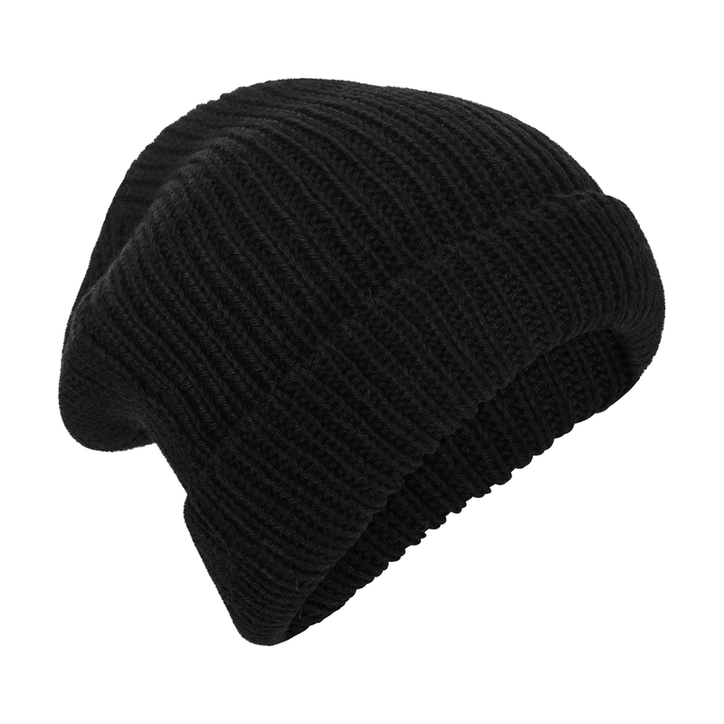 Black knit beanie on a white background