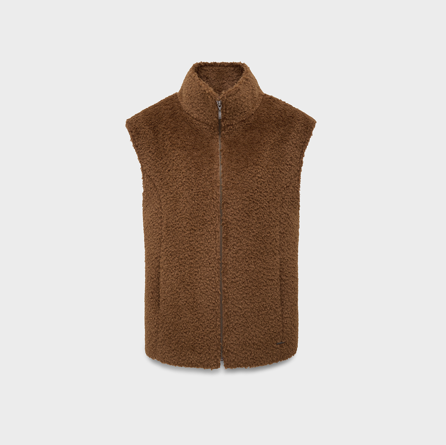 Brown fleece vest on a light gray background