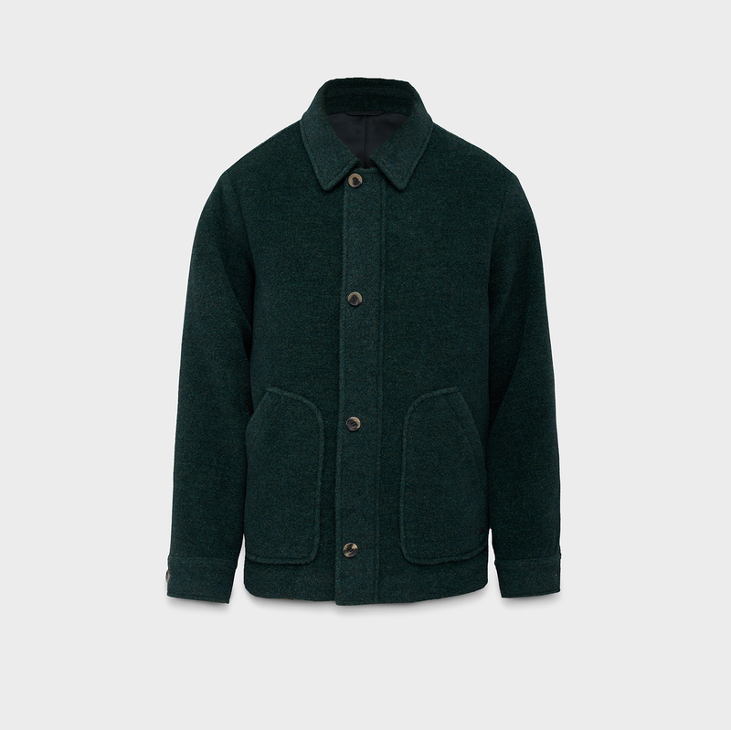 Dark green jacket with button details on a light gray background