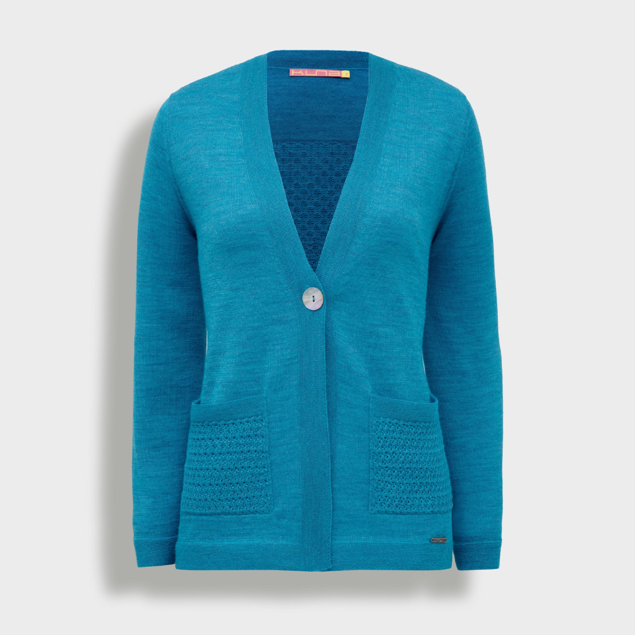 Blue cardigan with textured pockets on a light gray background