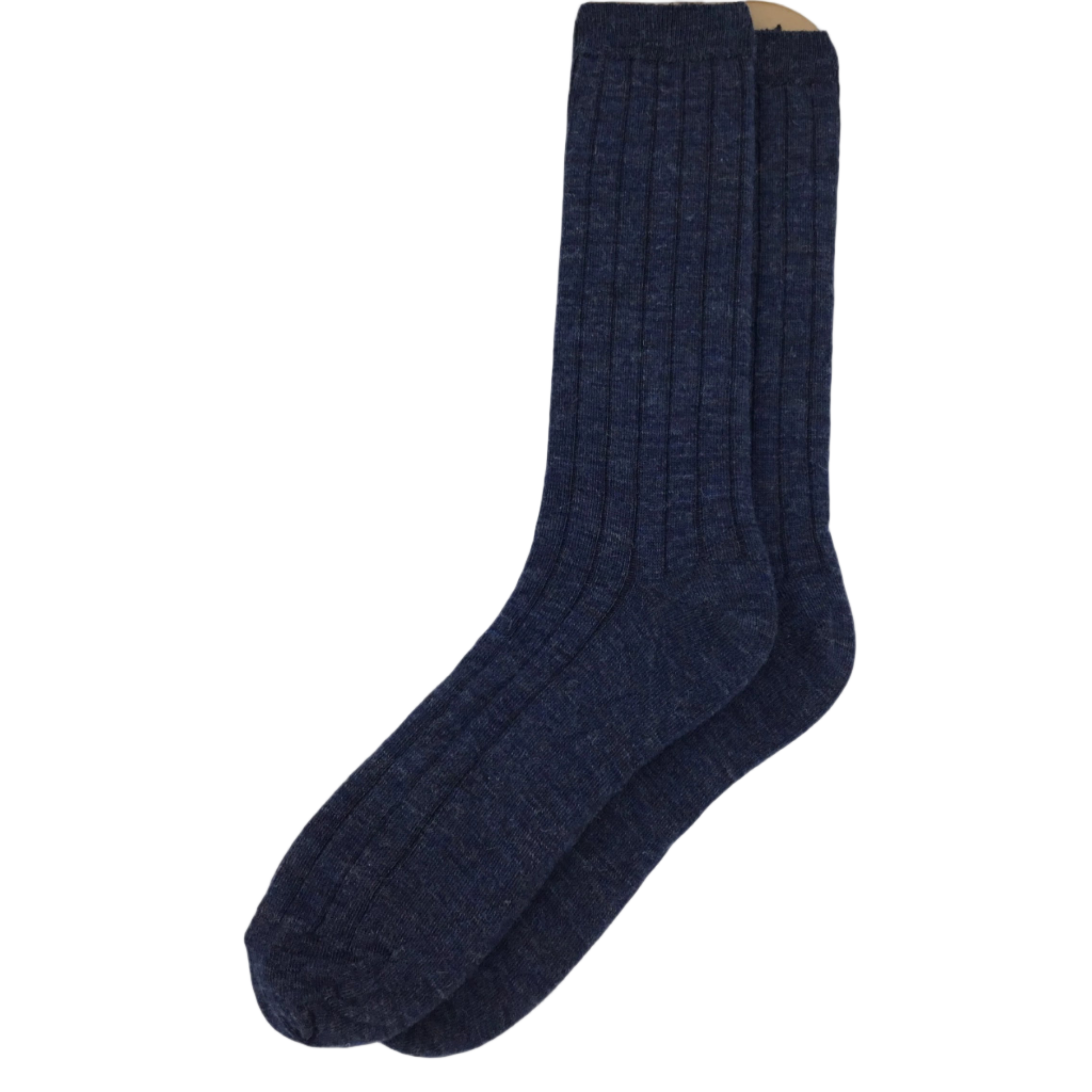 A pair of navy blue alpaca blend dress socks.
