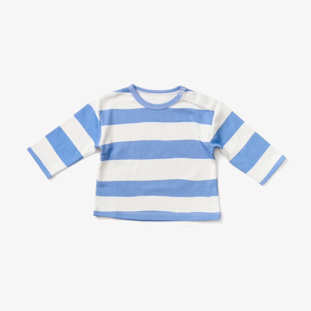 Blue and white striped long-sleeve shirt on a light gray background