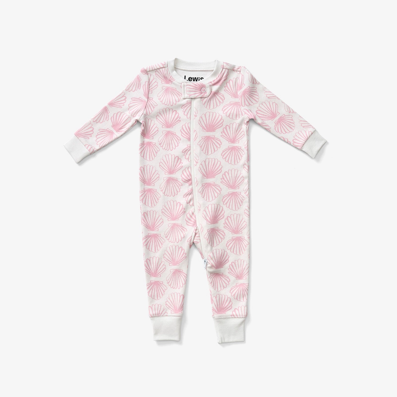 Pink and white baby onesie with shell pattern on a white background