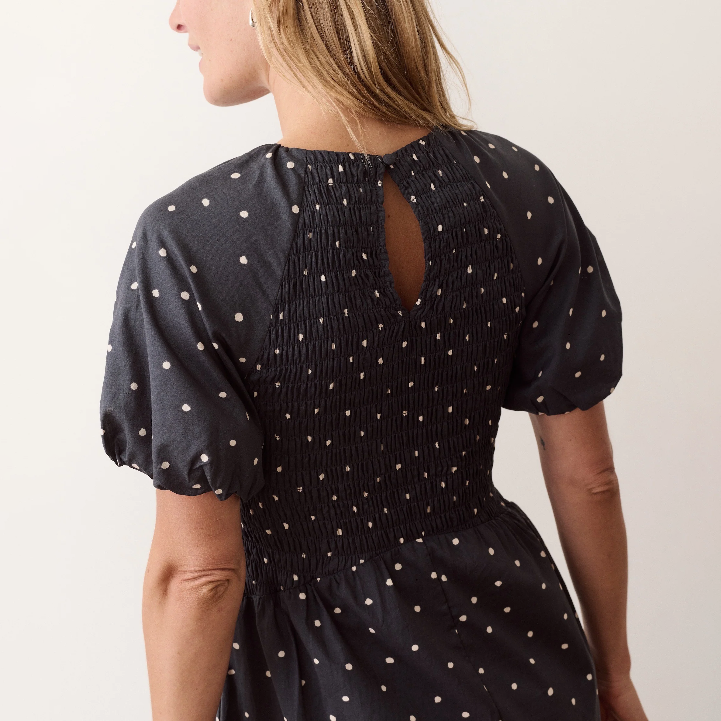 A woman shown from the back wearing a navy dress with white polka dots, featuring a smocked bodice and puff sleeves.