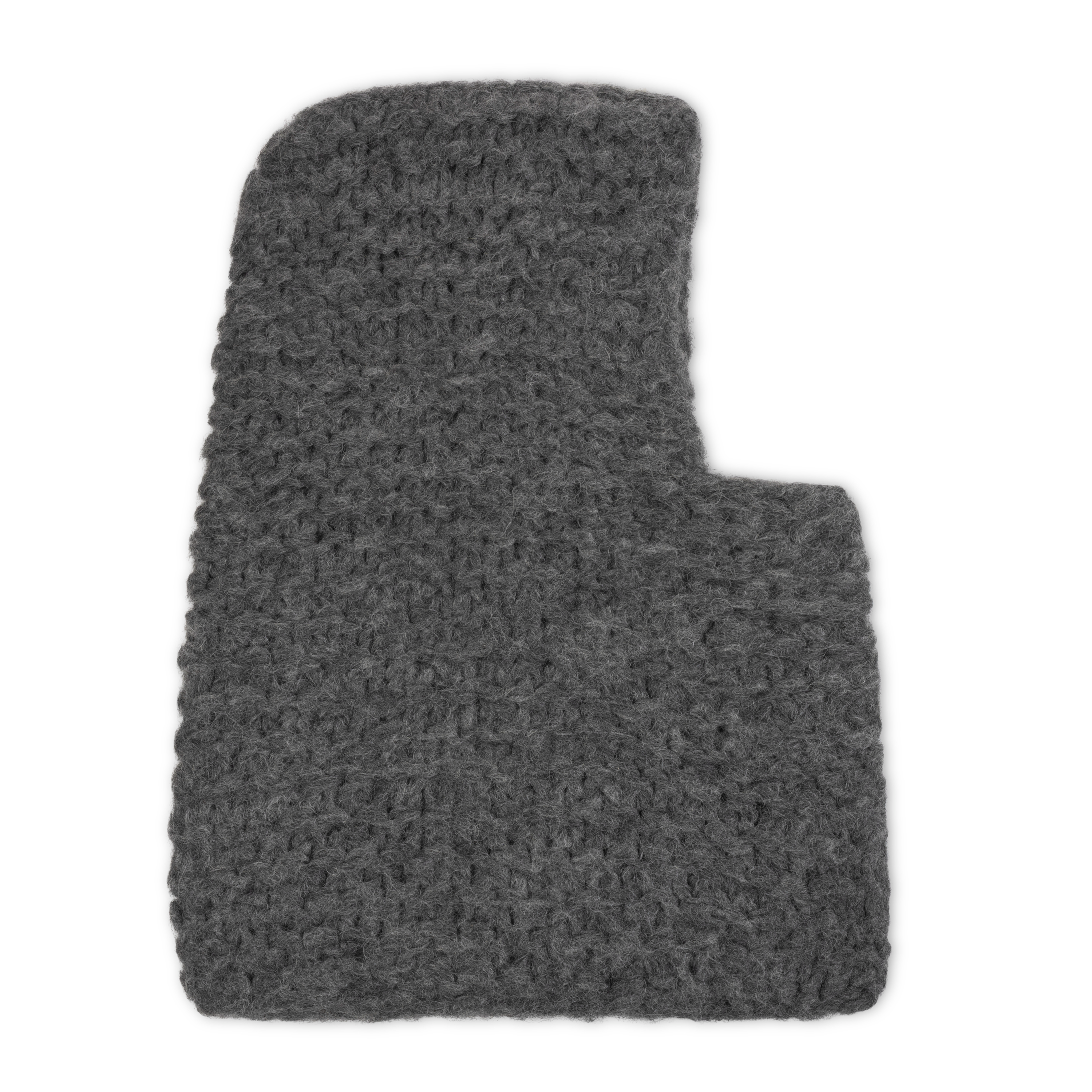 Chunky knit dark grey balaclava on a neutral background.