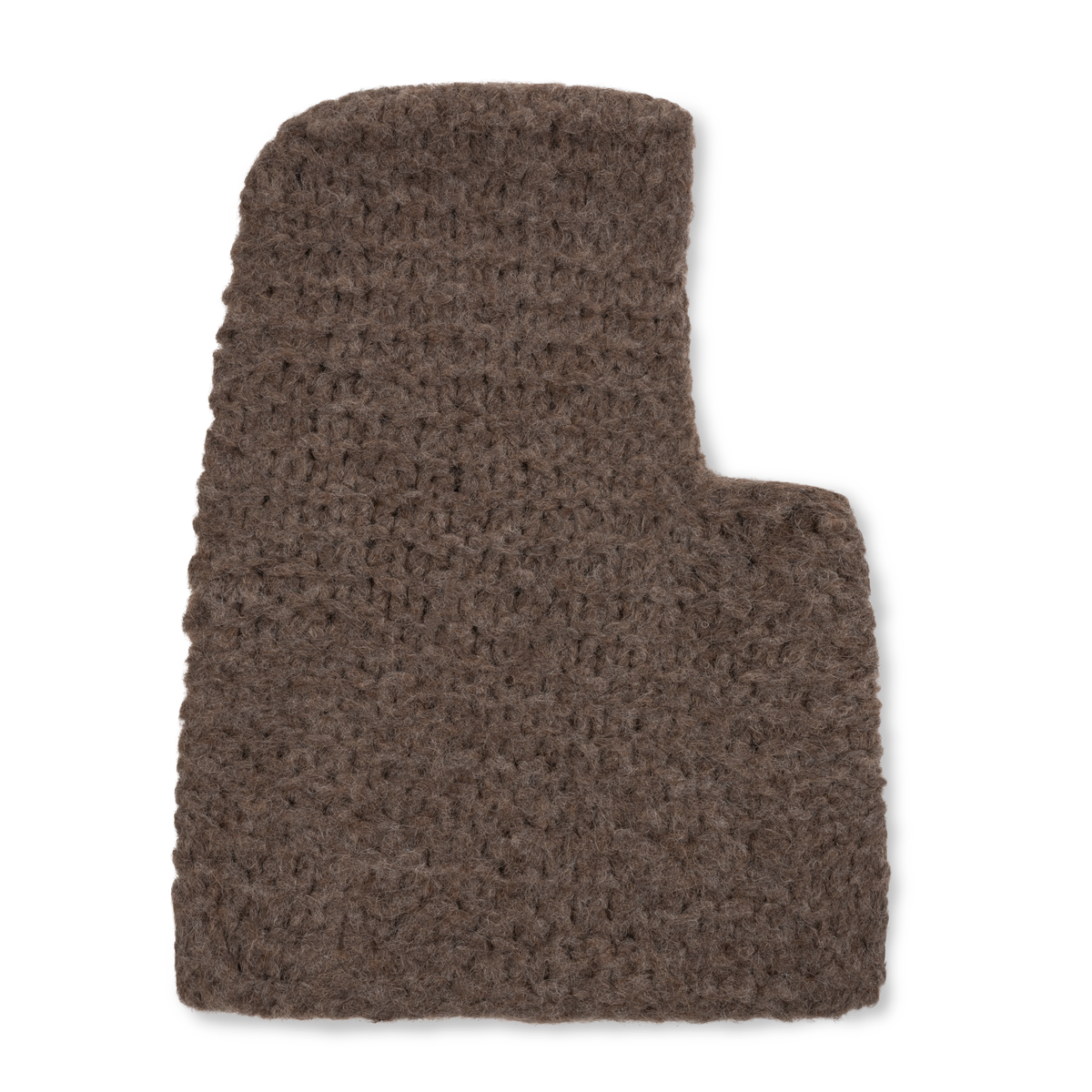 Chunky knit taupe brown balaclava on a neutral background.
