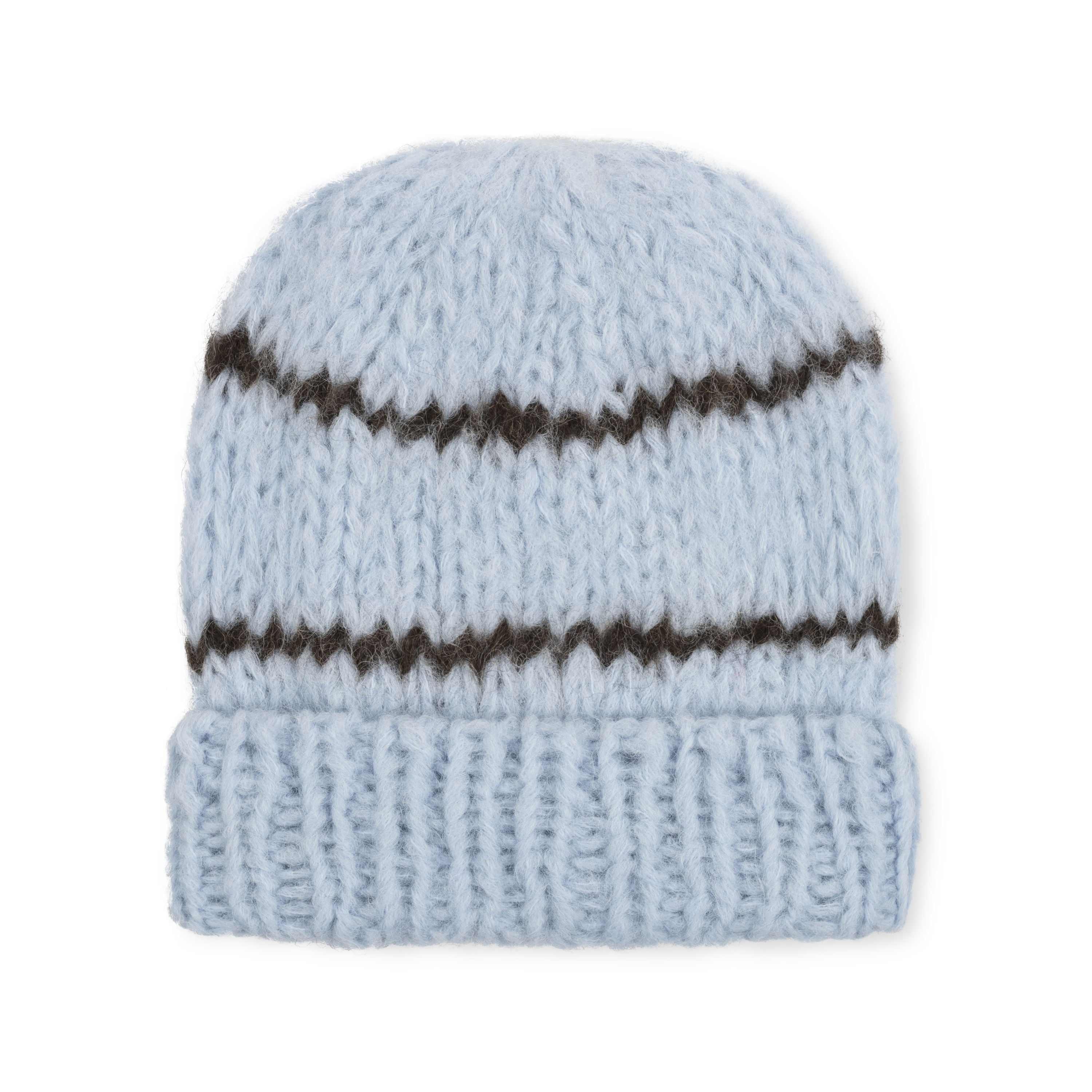 A light blue knit alpaca beanie with brown stripes and a ribbed cuff on a neutral background.