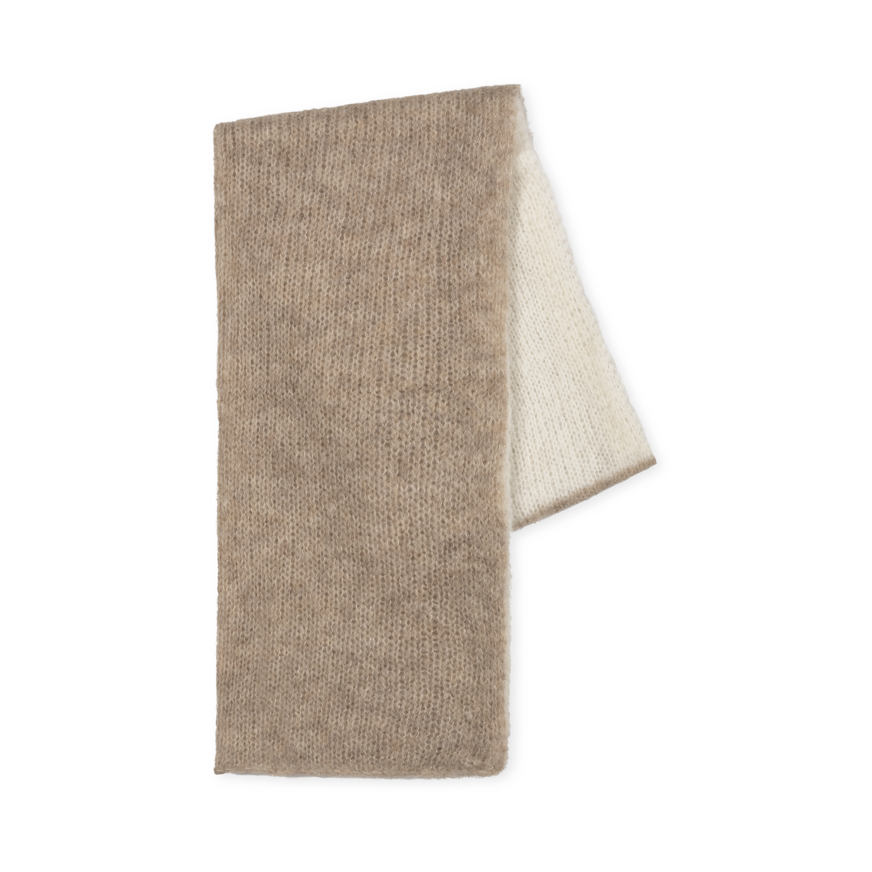 A two-toned knit shawl in beige and white on a neutral background.