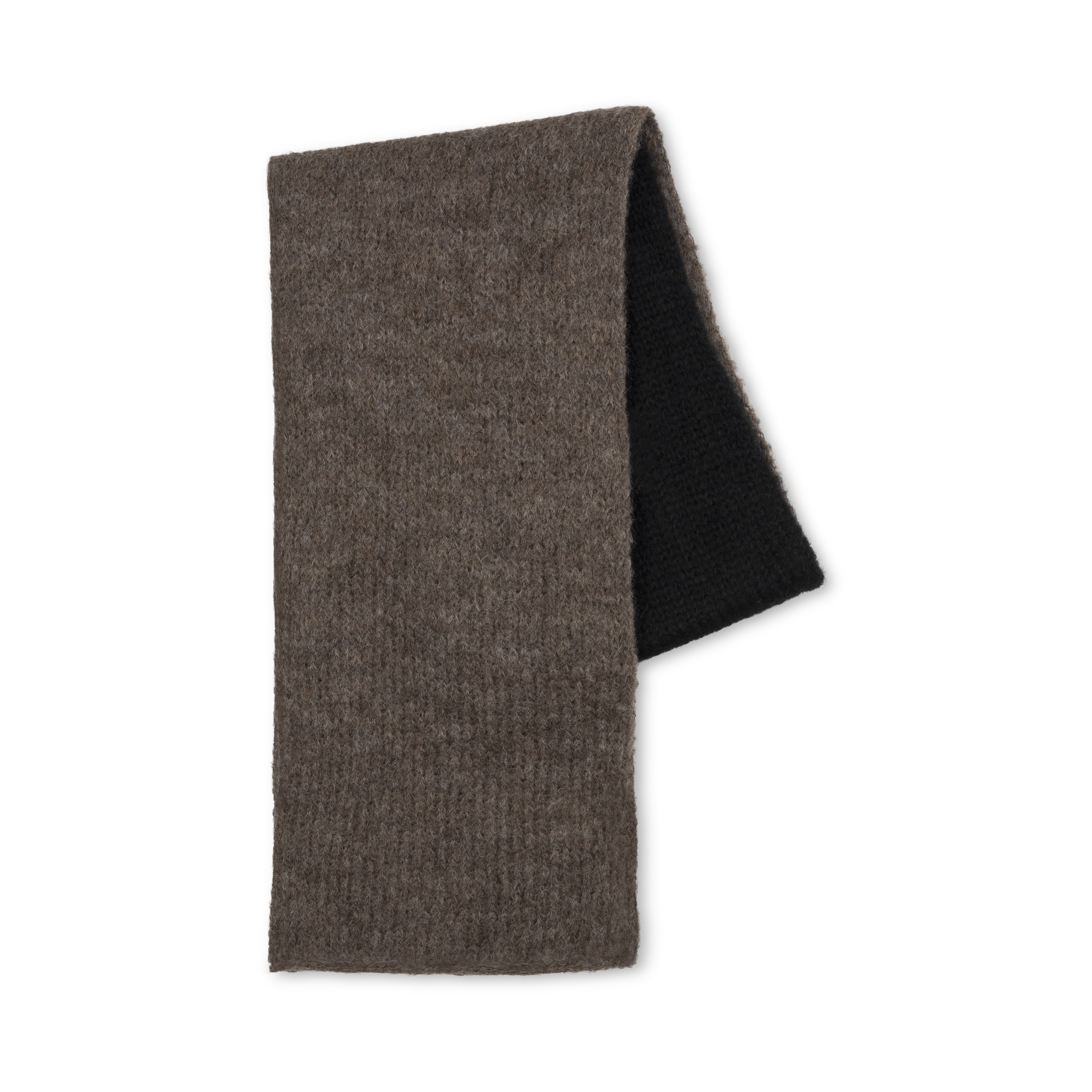 A two-toned knit shawl in taupe and black on a neutral background.