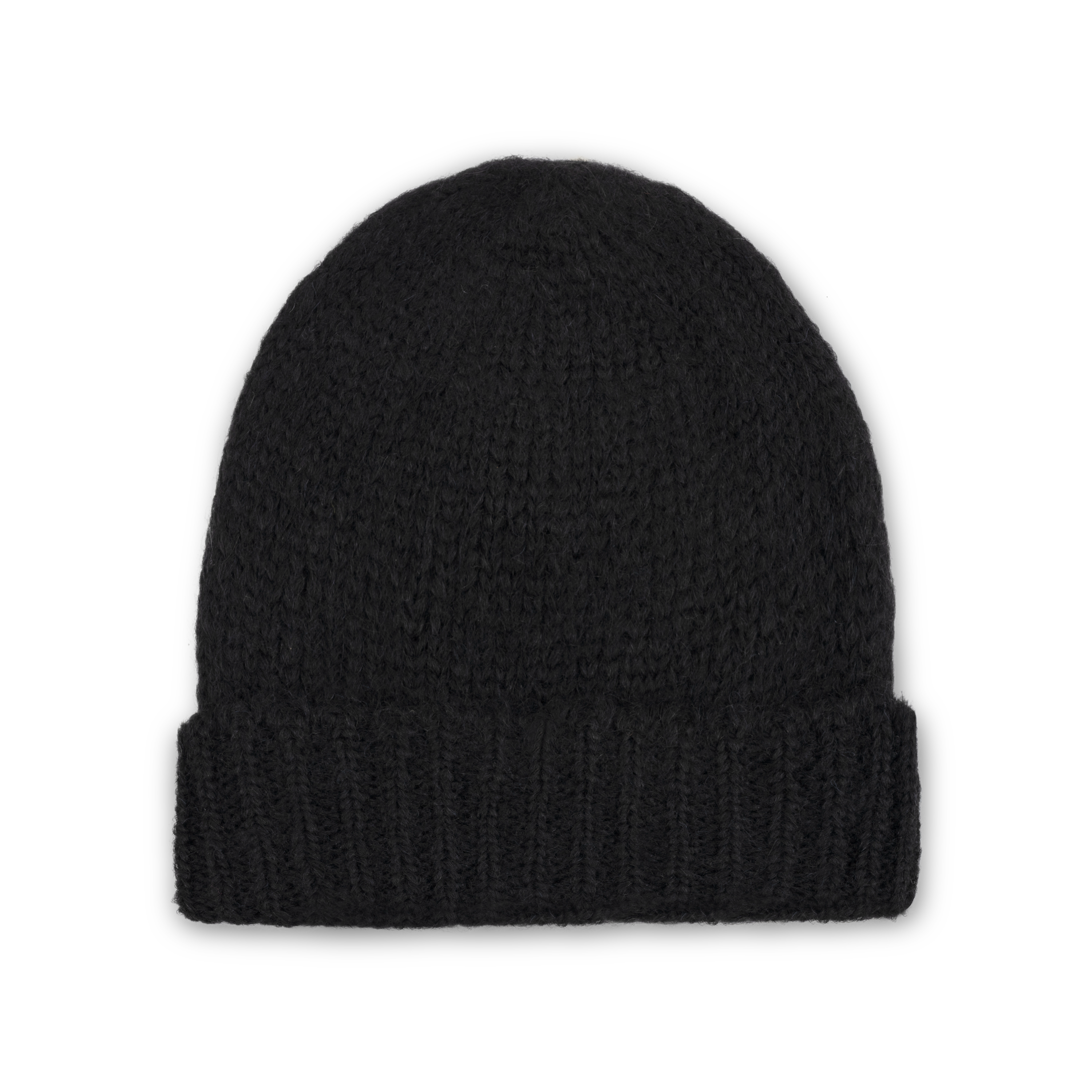 Black knit alpaca beanie with a ribbed cuff on a neutral background.