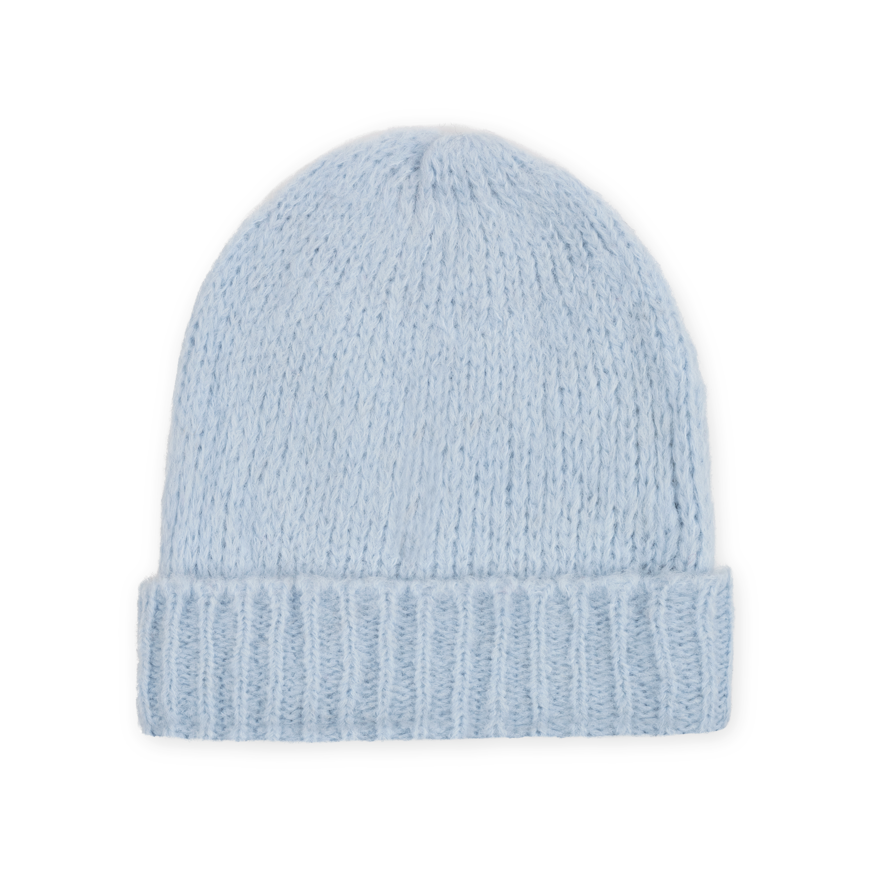Light blue alpaca beanie with a ribbed cuff on a neutral background.
