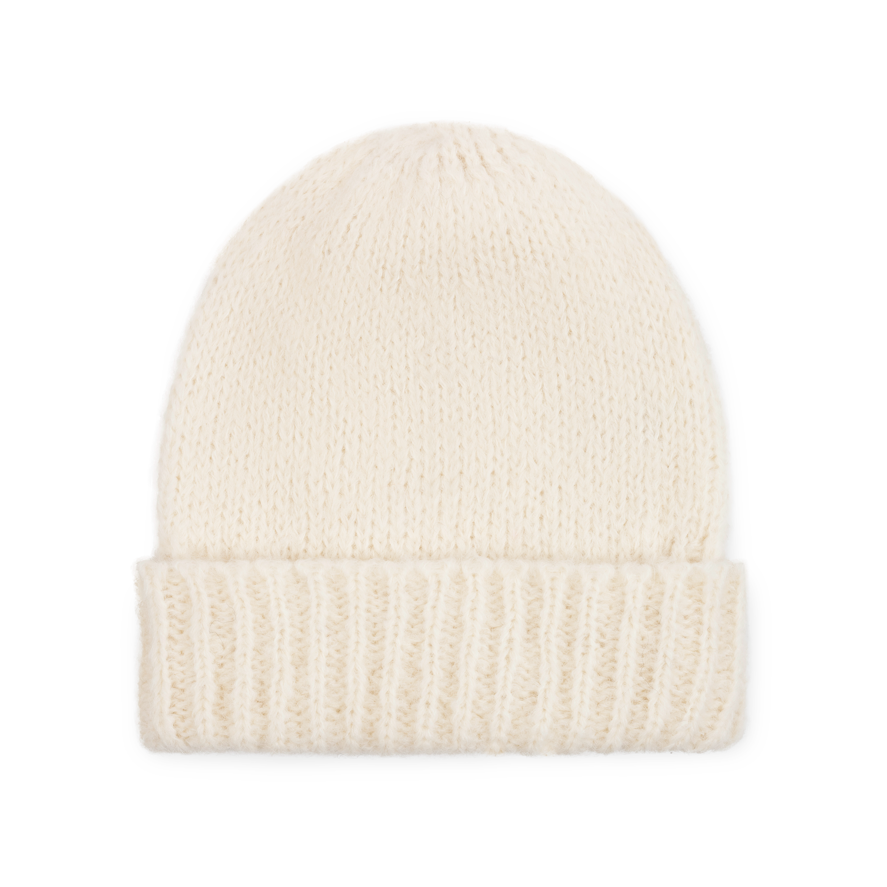 White alpaca knit beanie with a ribbed cuff on a neutral background.