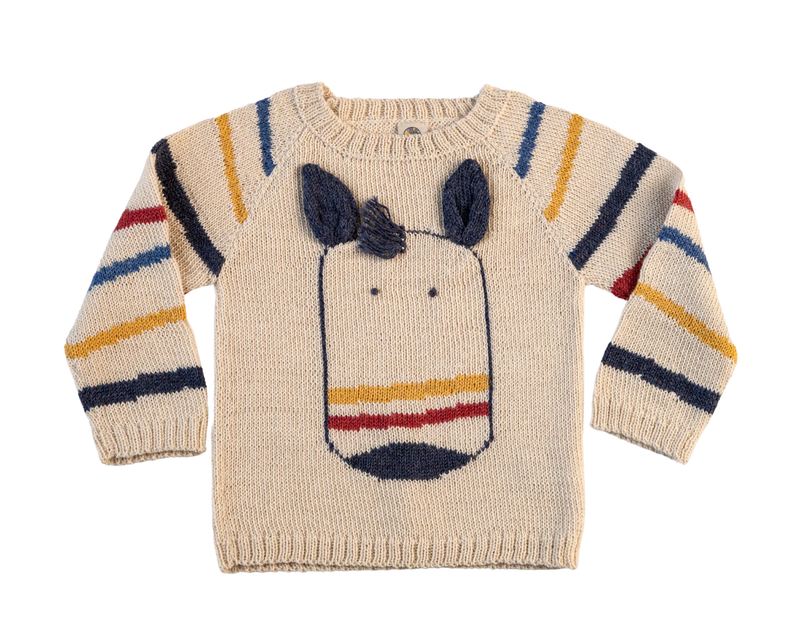 Children's sweater with a horse design and colorful stripes on a white background