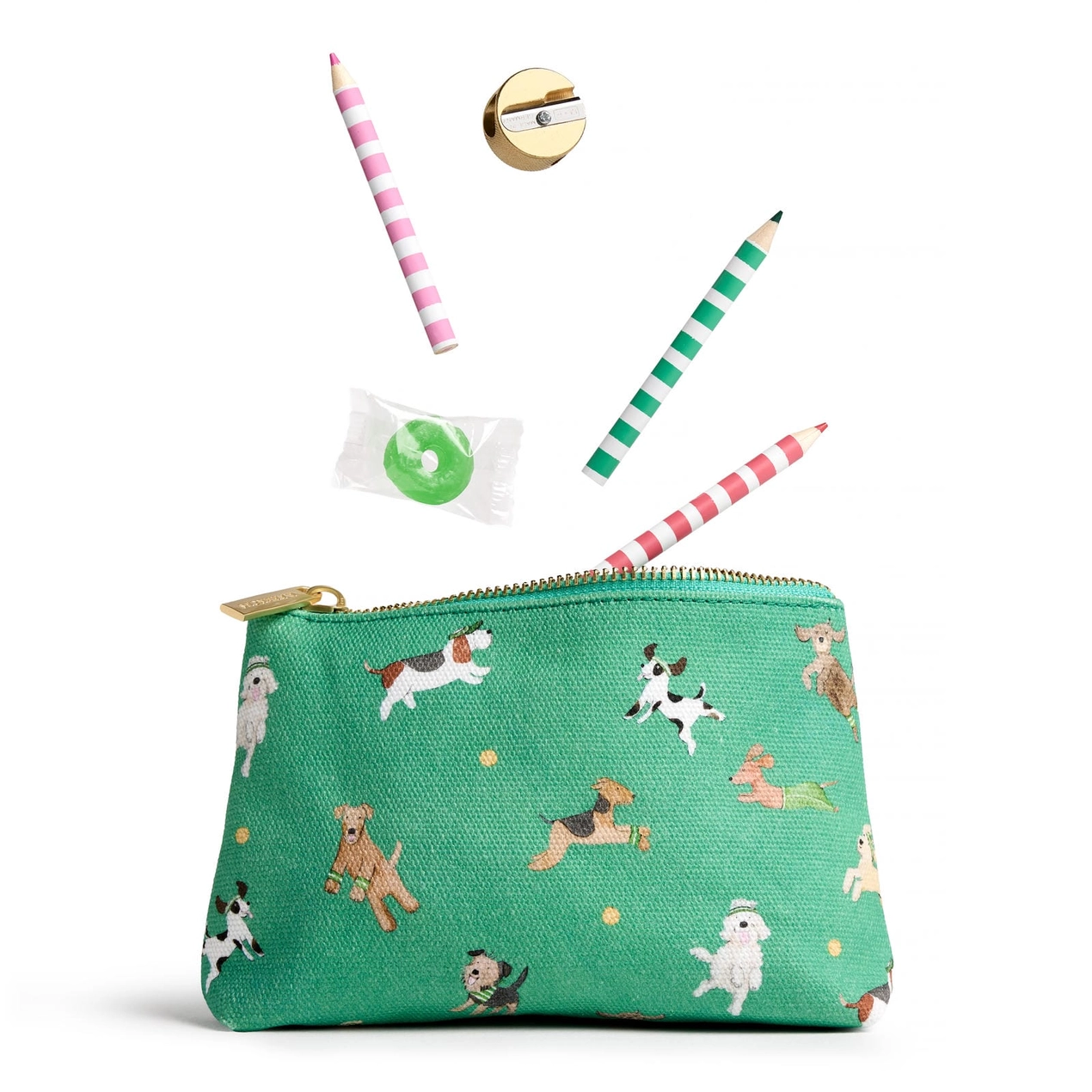 Green pouch with dog pattern, pencil, eraser, and sharpener on a white background