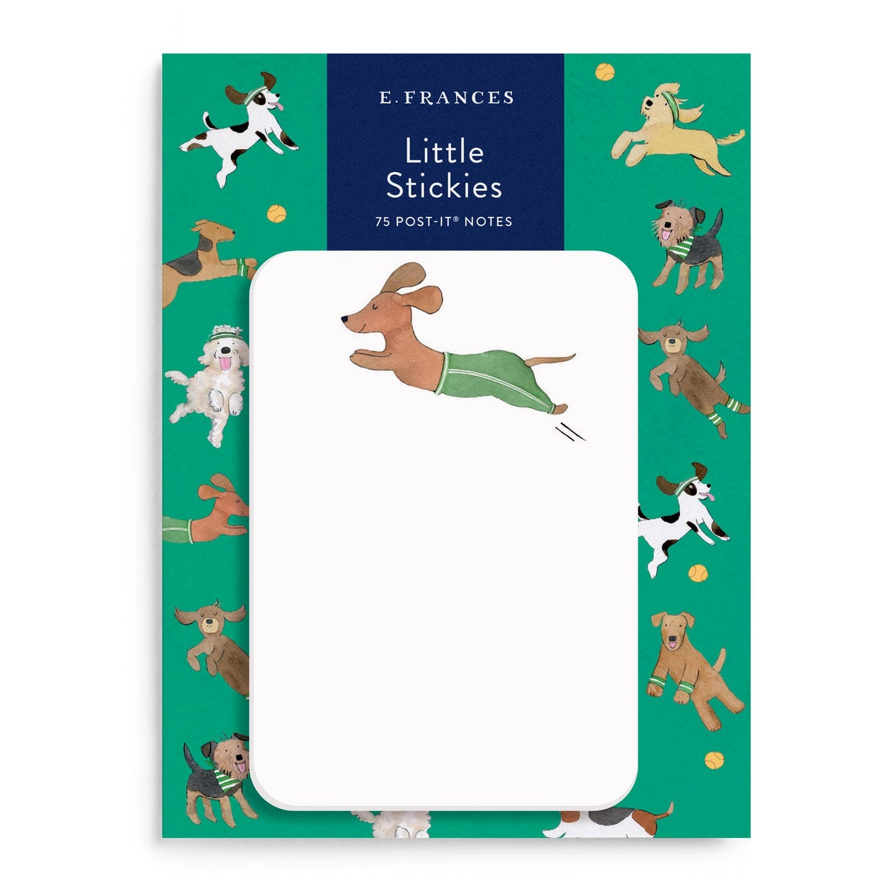 Pack of post-it notes with dog illustrations on a green background