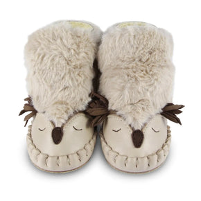 Donsje Owl Kapi Classic Lining Boots - leather and faux fur boots with owl features on a neutral background