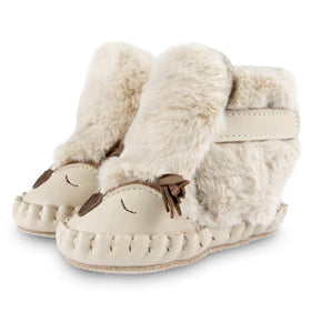 Donsje Owl Kapi Classic Lining Boots - leather and faux fur boots with owl features on a neutral background