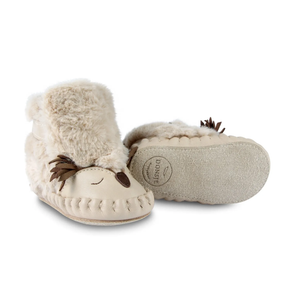 Donsje Owl Kapi Classic Lining Boots - leather and faux fur boots with owl features and suede sole on a neutral background