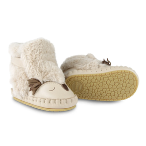 Donsje Owl Kapi Classic Lining Boots - leather and faux fur boots with owl features and rubber sole on a neutral background