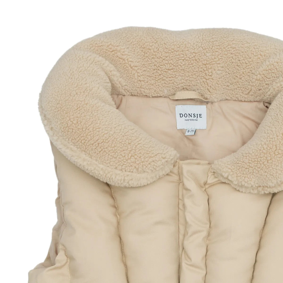 Donsje Regu Bodywarmer - light tan puffer vest with faux sherpa collar, pockets, and snap closure on neutral background