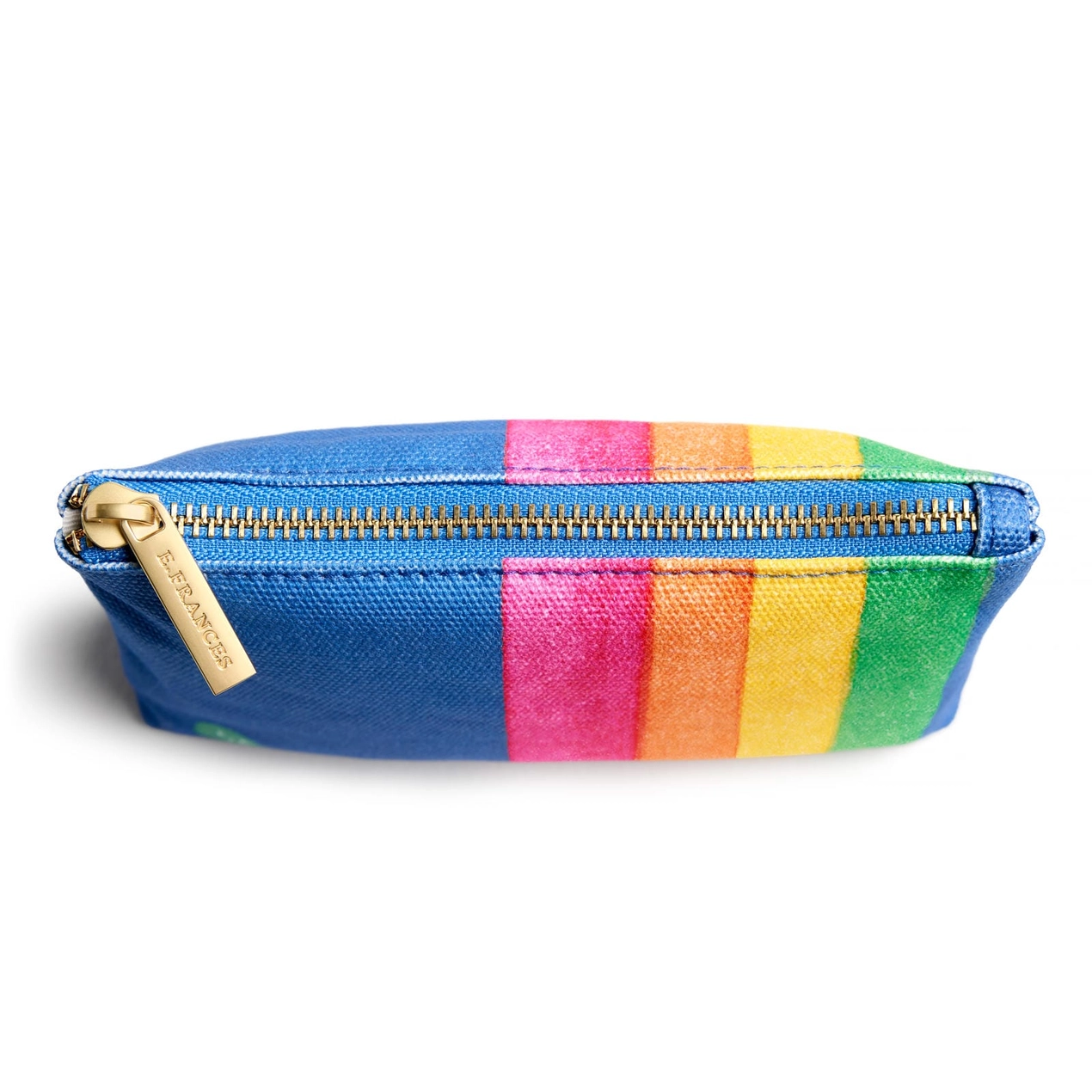 Colorful striped pouch with a gold zipper on a white background