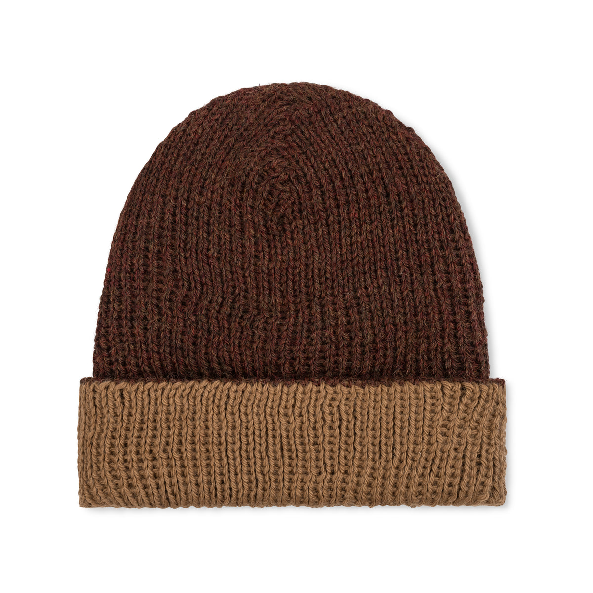 Reversible double-knit baby alpaca beanie in heathered brown and camel