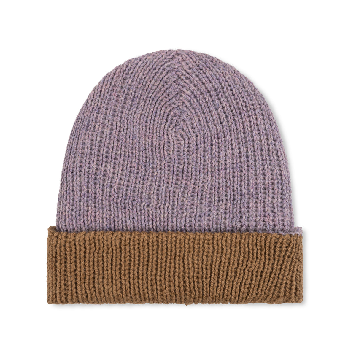 Reversible double-knit baby alpaca beanie in lavender and camel