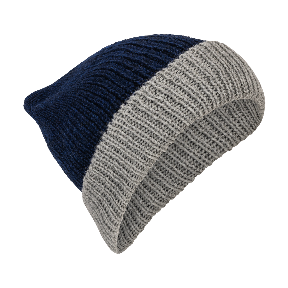 Angled view of the reversible double-knit baby alpaca beanie in navy and silver