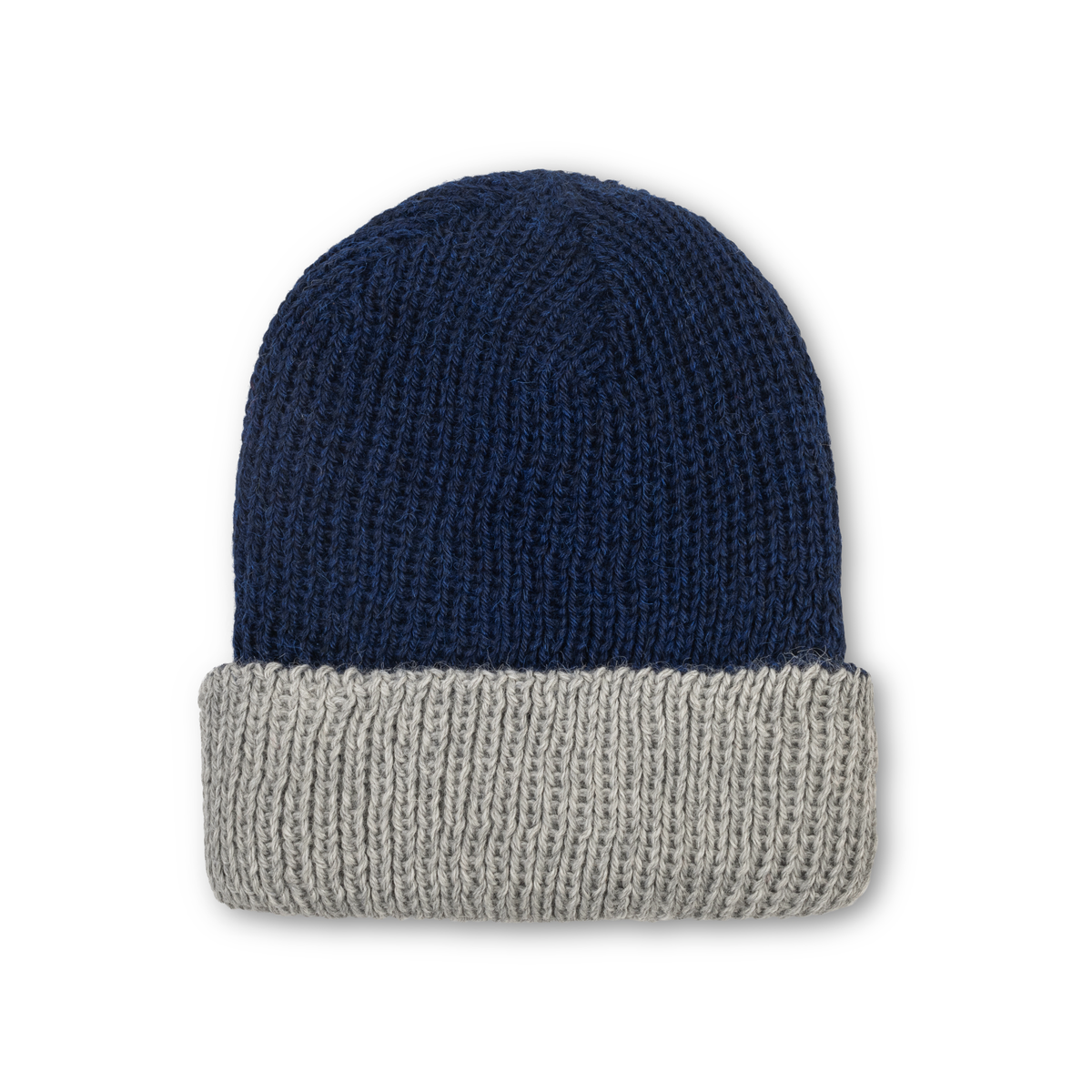 Reversible double-knit baby alpaca beanie in navy and silver