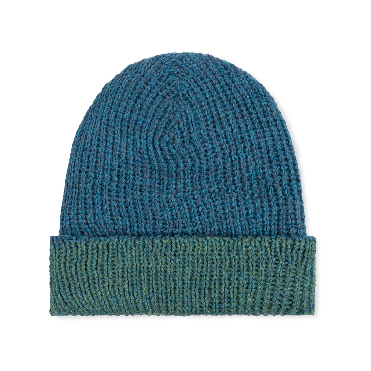 Reversible double-knit baby alpaca beanie in teal and green