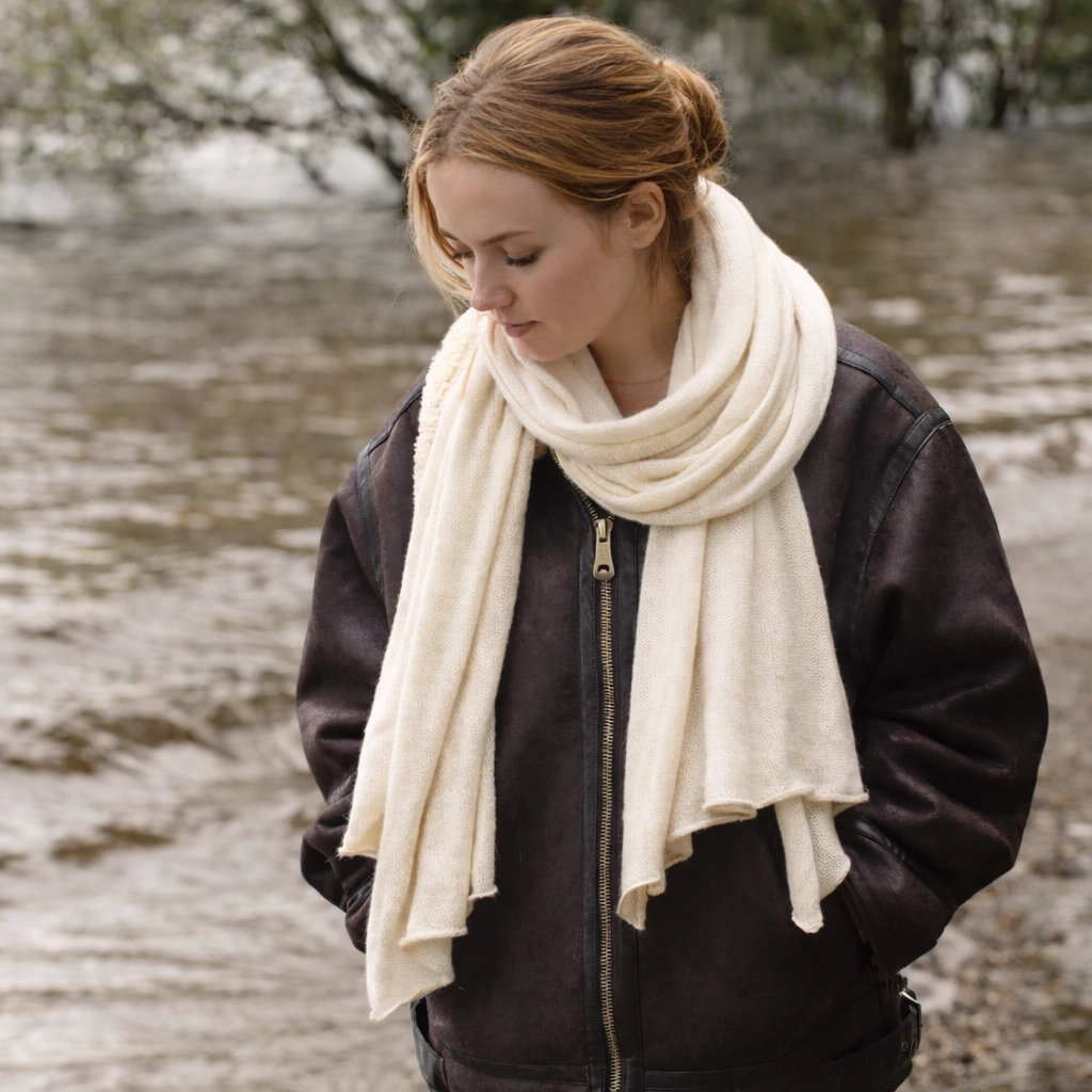 A woman wearing a cream-colored knit scarf and a dark brown leather jacket, standing outdoors in a blurred, overcast environment.
