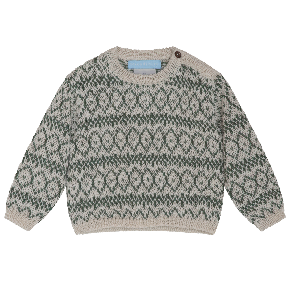 A knit baby sweater with a green and beige fair isle pattern, featuring long sleeves, a crew neck, and a single brown button on the left shoulder.