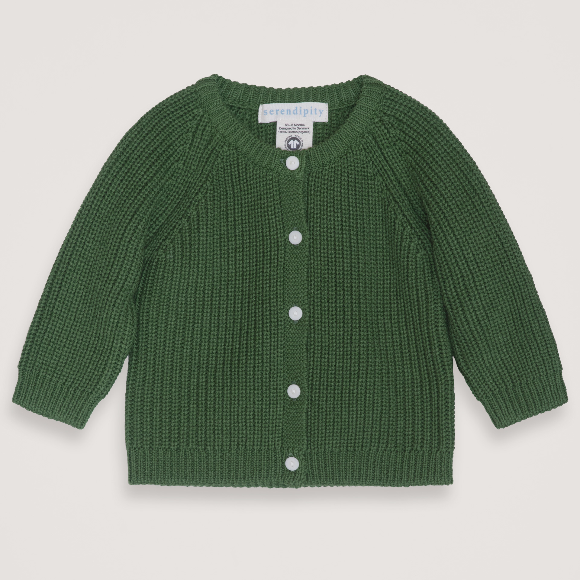 A green ribbed knit cardigan sweater for babies, featuring a button-up front with white buttons, shown flat on a light gray background.