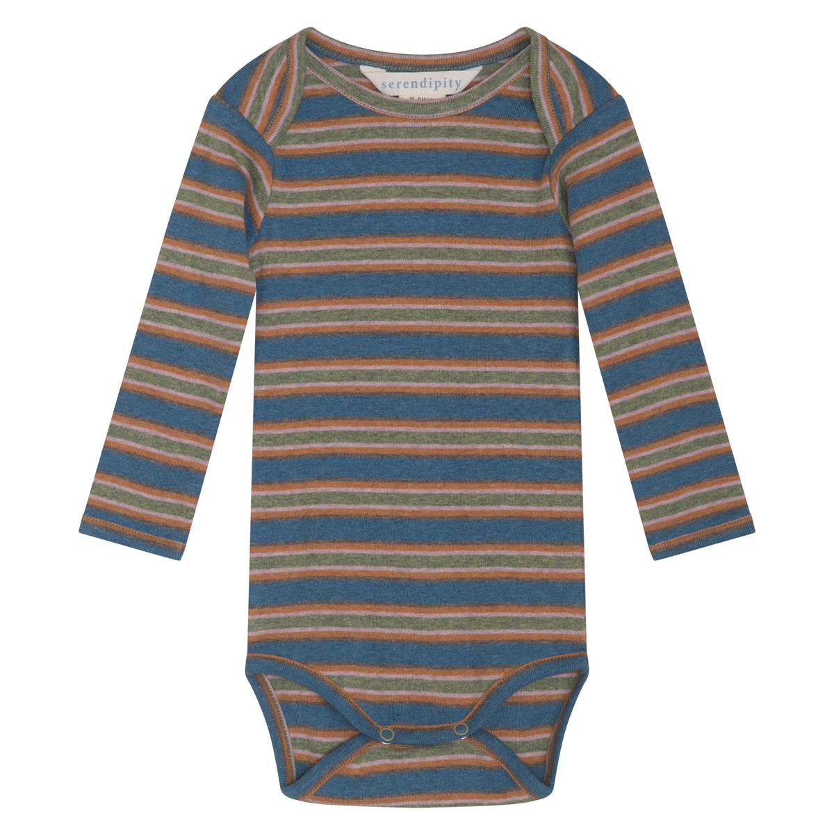 A long-sleeve baby bodysuit with horizontal stripes in blue, rust orange, and olive green, featuring a white brand label at the neck.