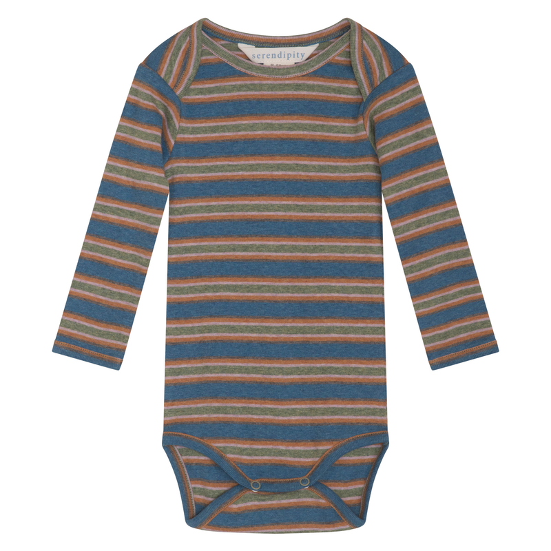 A long-sleeve baby bodysuit with horizontal stripes in blue, rust orange, and olive green, featuring a white brand label at the neck.